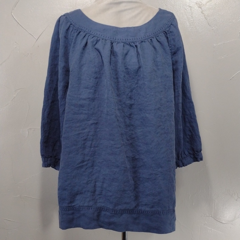 Lands' End Blue Linen Relaxed Fit Raglan Peasant Top Blouse Women's XL (18-20)